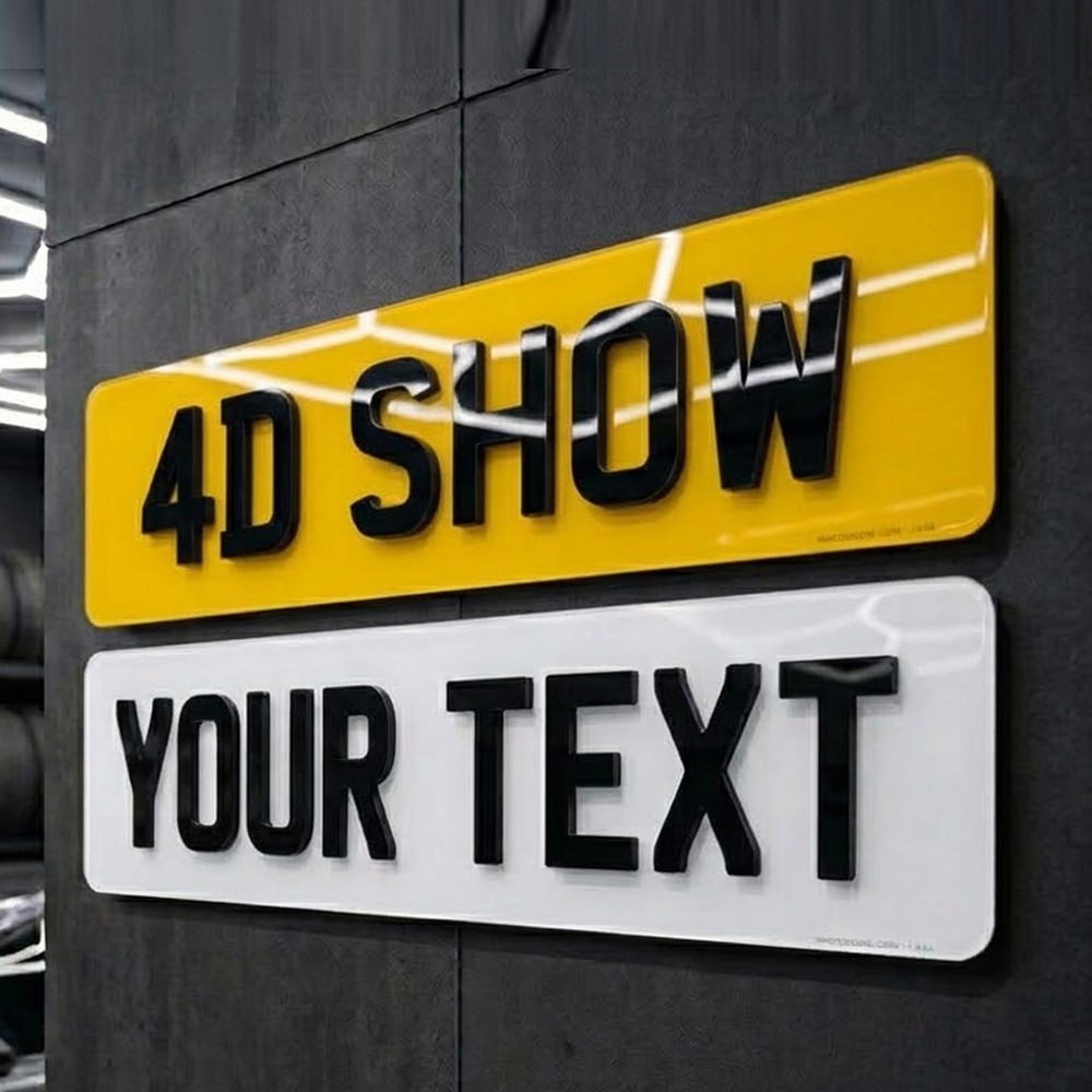 Yellow and white 4D show plates with raised lettering