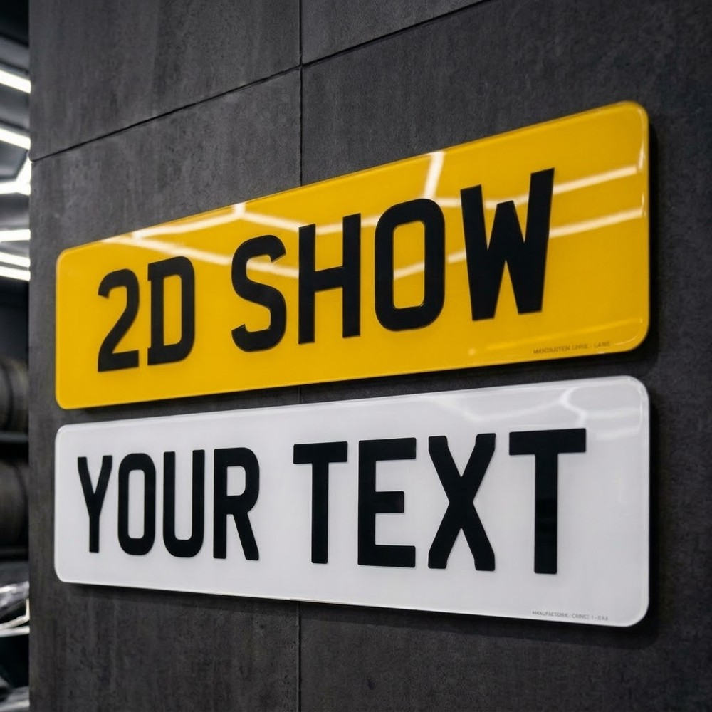 Yellow and white 2D show plates with flat lettering